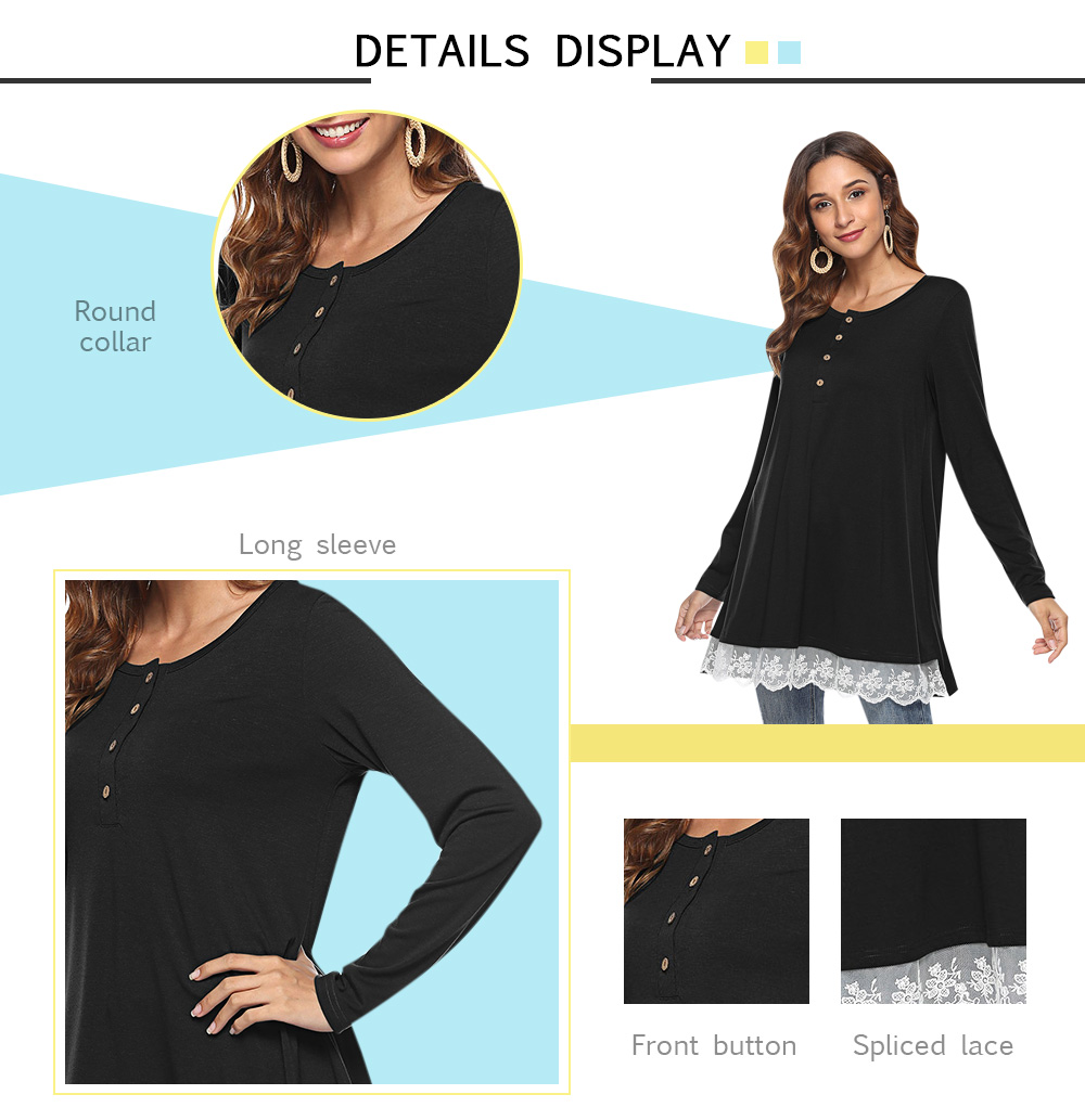 Round Collar Long Sleeve Button Spliced Lace Women T-shirt