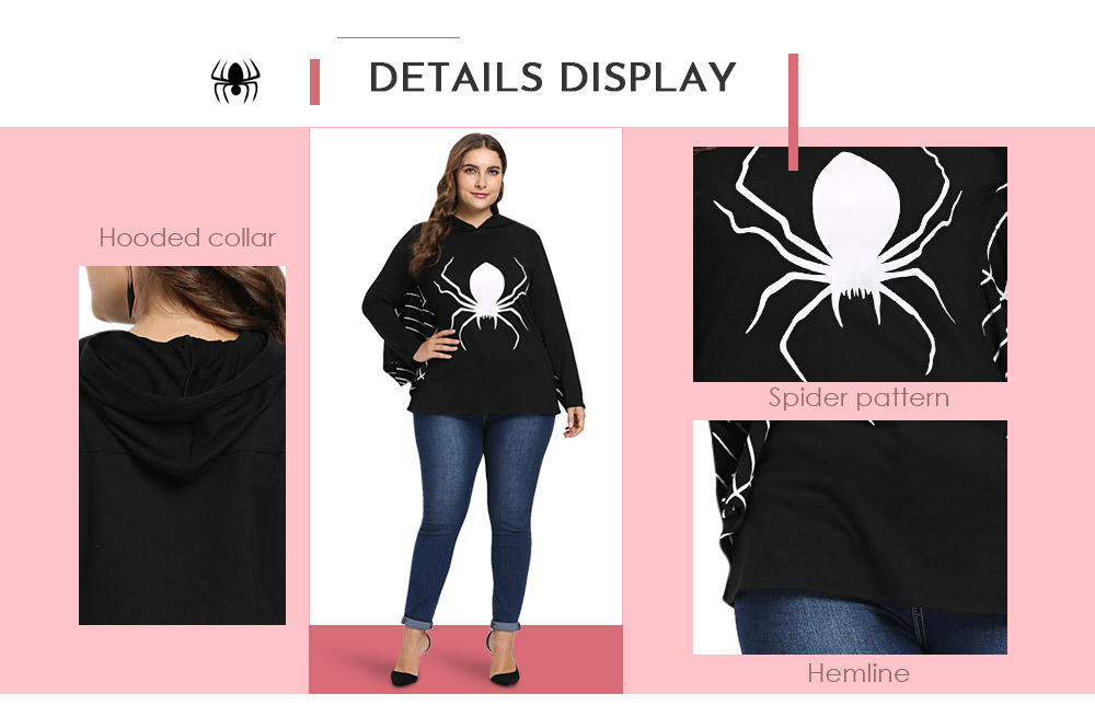 Hooded Collar Long Batwing Sleeve Spider Web Print Halloween Women Hoodie