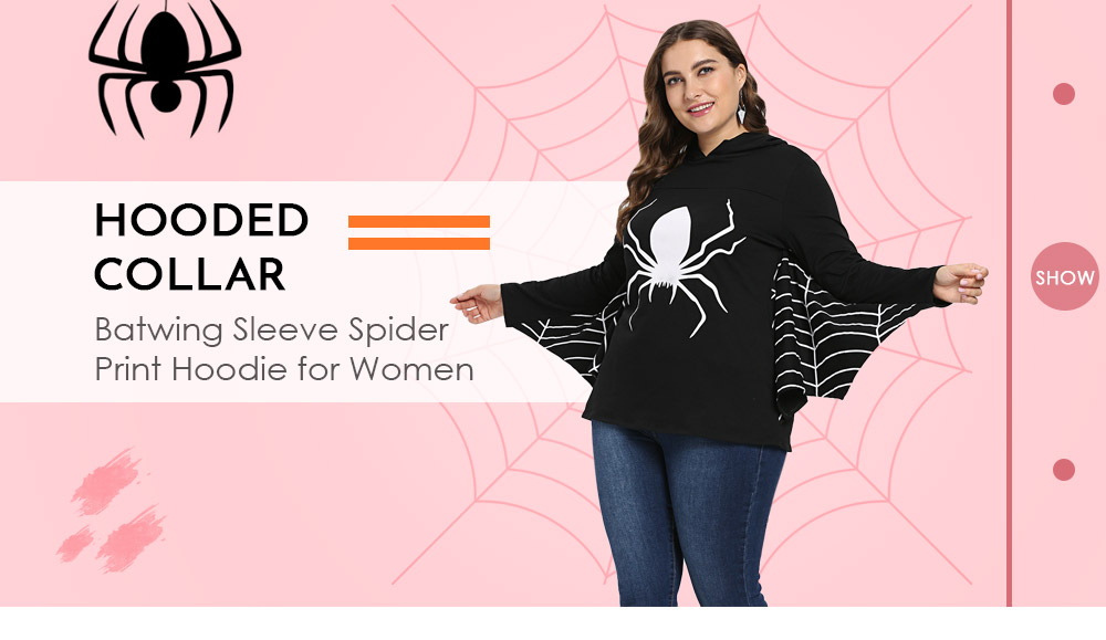 Hooded Collar Long Batwing Sleeve Spider Web Print Halloween Women Hoodie