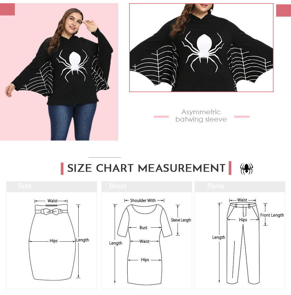 Hooded Collar Long Batwing Sleeve Spider Web Print Halloween Women Hoodie