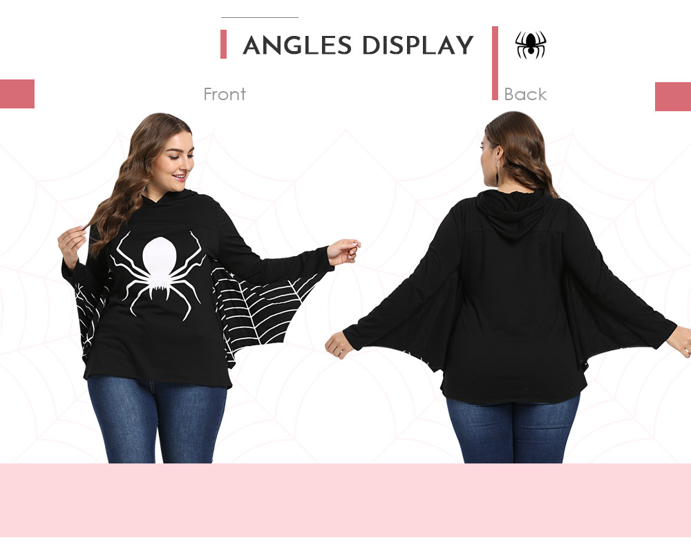 Hooded Collar Long Batwing Sleeve Spider Web Print Halloween Women Hoodie