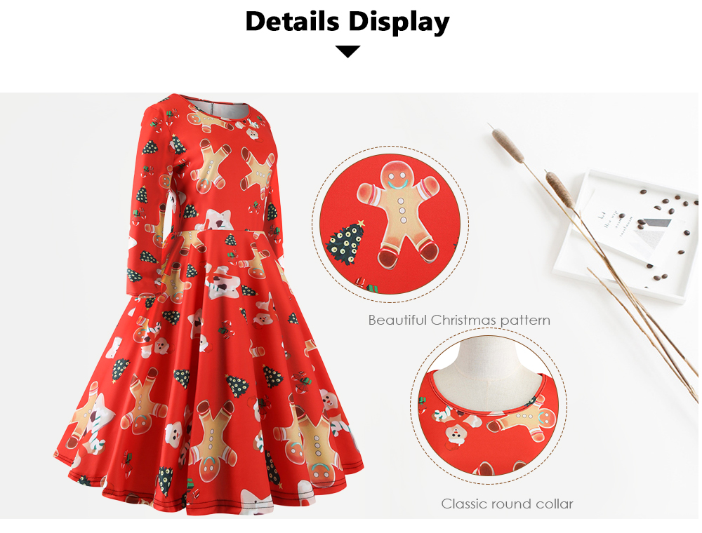 Round Collar Long Sleeve Christmas Pattern A-line Women Vintage Dress