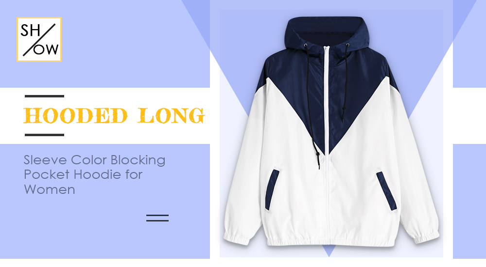 Hooded Long Sleeve Color Blocking Pocket Jacket Plus Size Women Hoodie