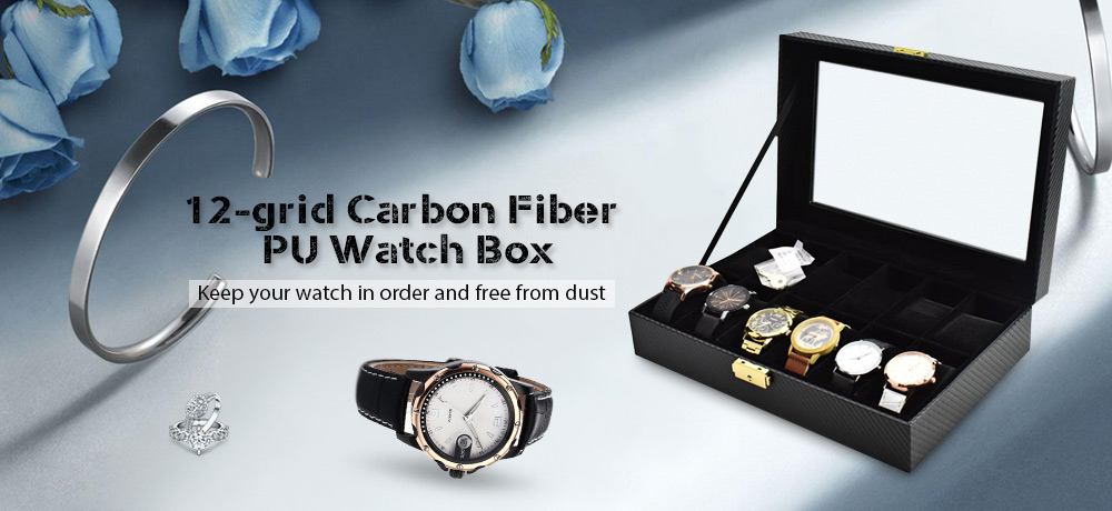 12-grid Carbon Fiber PU Watch Storage and Display Box with Black Plush