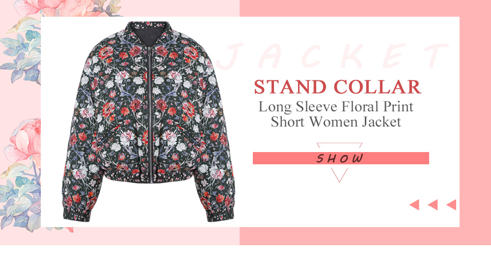 Stand Collar Long Sleeve Floral Print Short Women Jacket Coat