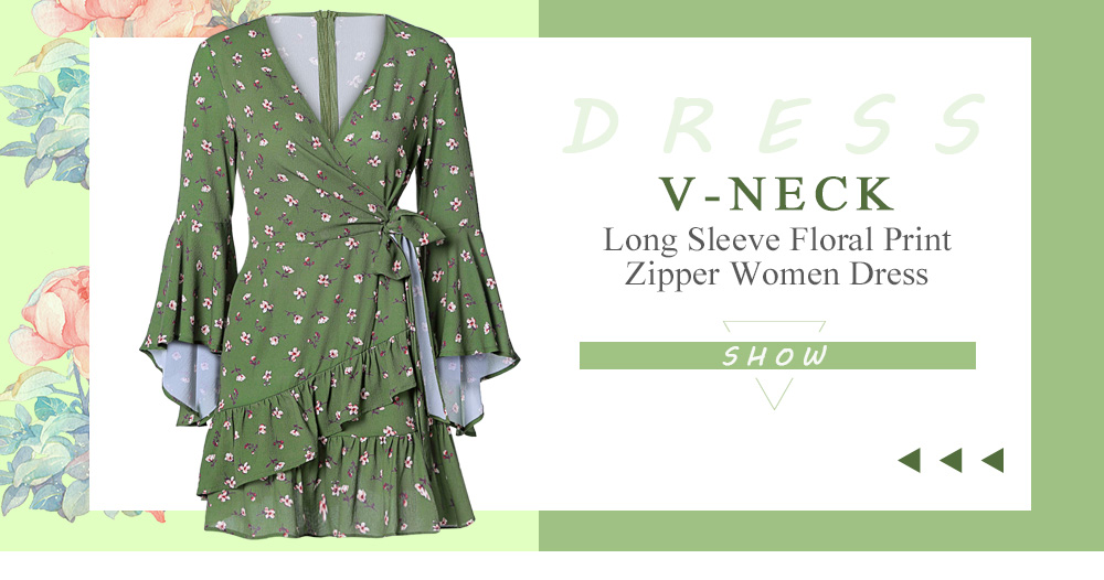 Trendy V-neck Long Sleeve Floral Print Zipper Women Dress