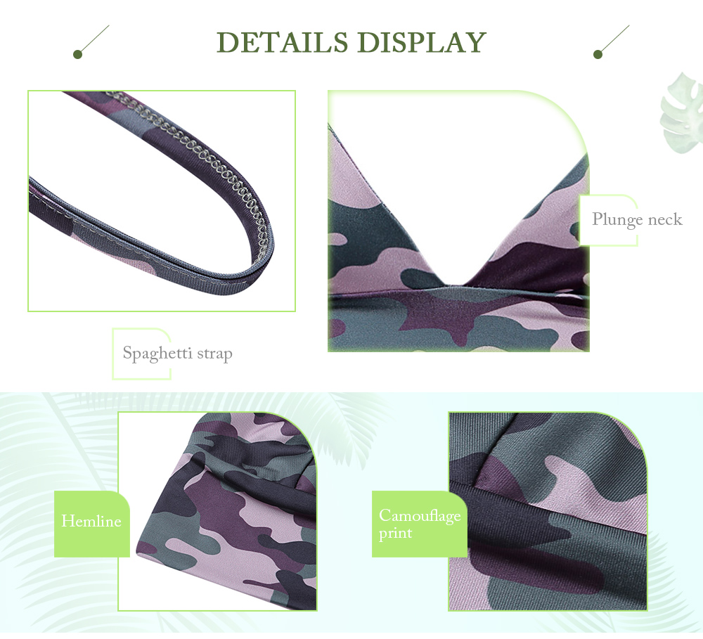 Spaghetti Strap Plunge Neck Backless Camouflage Print Crop Top Women Sports Bra