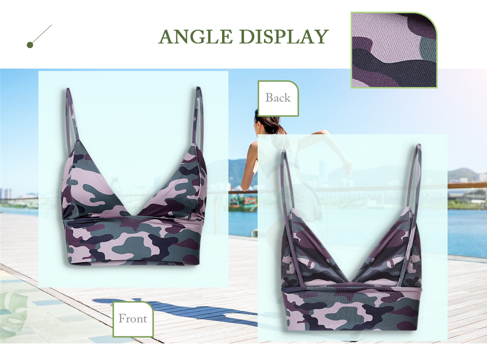 Spaghetti Strap Plunge Neck Backless Camouflage Print Crop Top Women Sports Bra