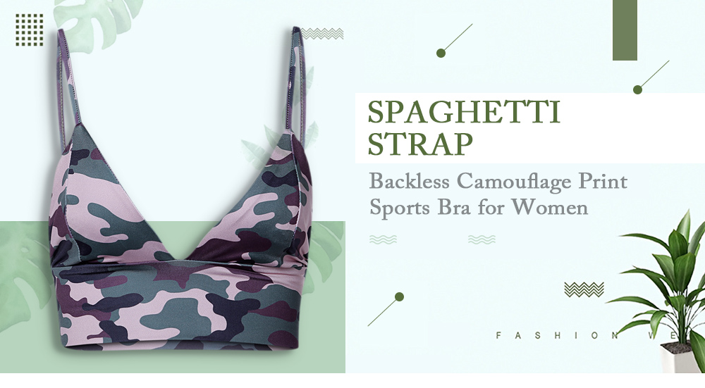 Spaghetti Strap Plunge Neck Backless Camouflage Print Crop Top Women Sports Bra