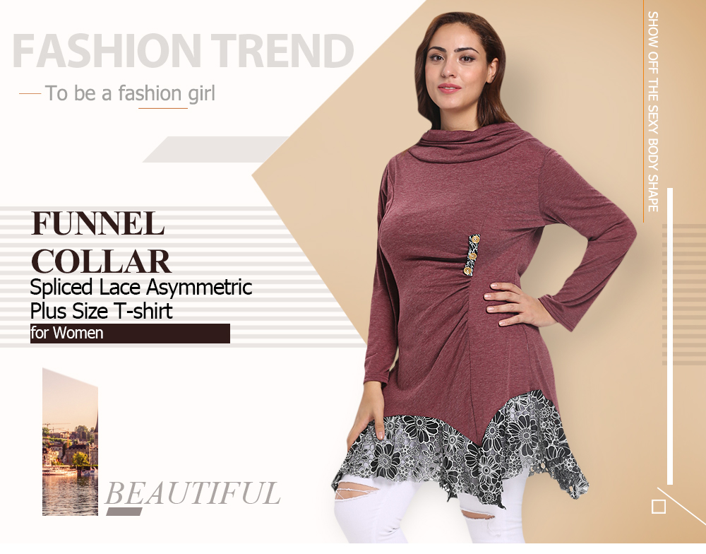 Funnel Collar Long Sleeve Spliced Lace Asymmetric Plus Size Women T-shirt