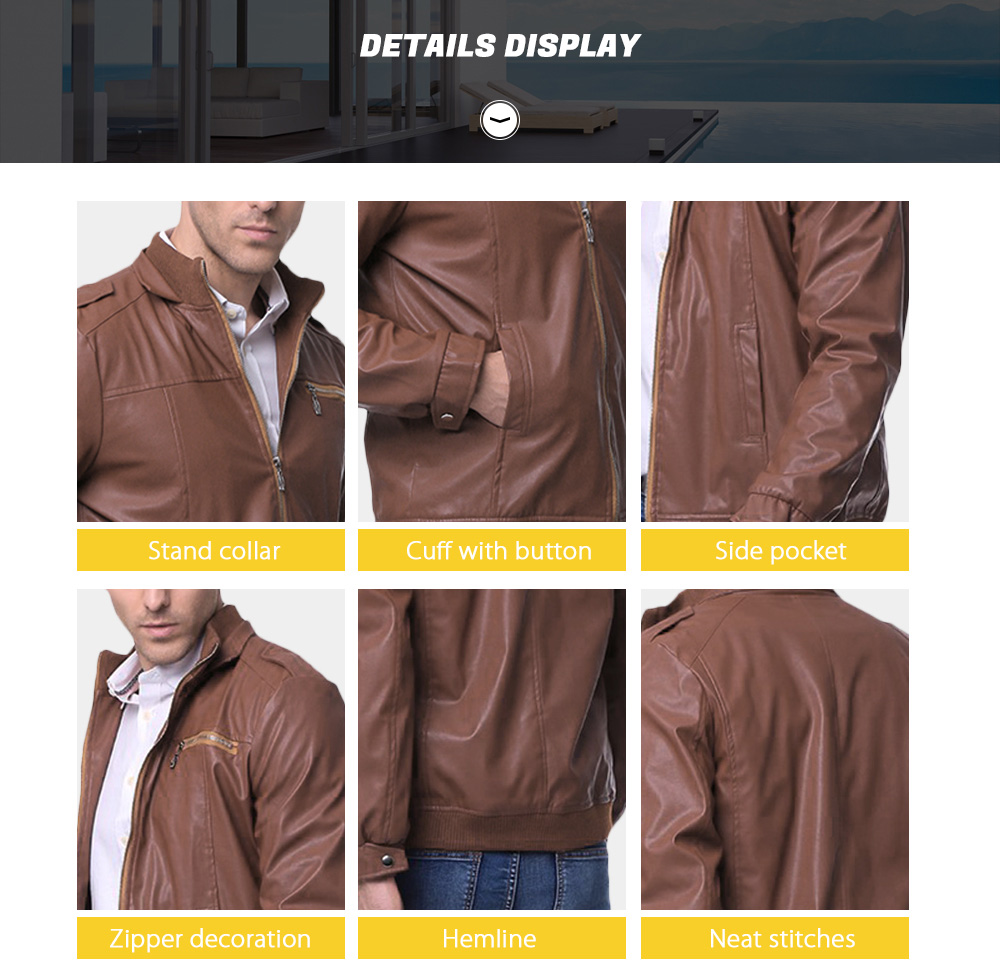 Stand Collar Long Sleeve Zipper Leather Men Jacket