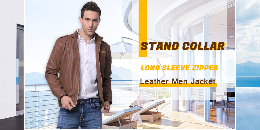 Stand Collar Long Sleeve Zipper Leather Men Jacket
