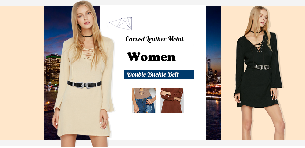 Women Carved Pattern Leather Metal Double Buckle Dress Trousers Belt