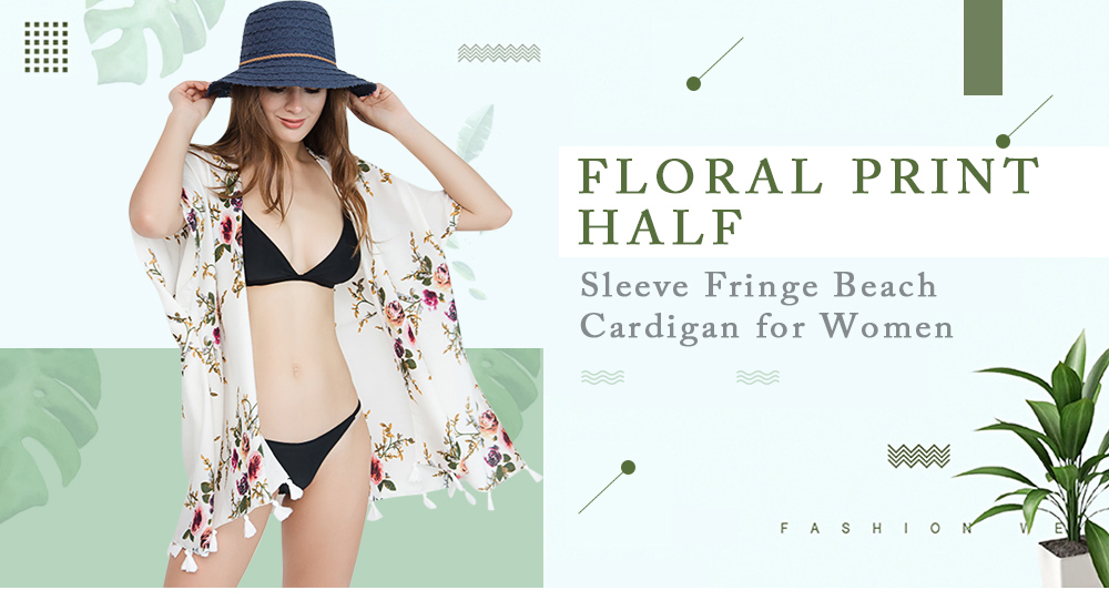 Collarless Floral Print Half Sleeve Fringe Bikini Cover Up Women Beach Cardigan