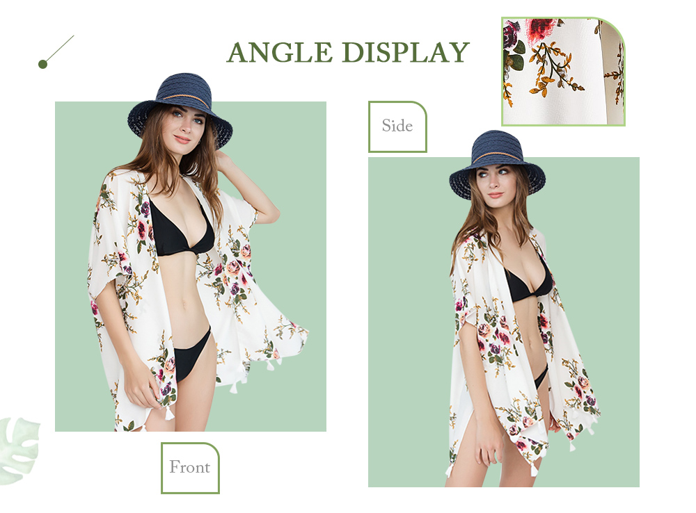 Collarless Floral Print Half Sleeve Fringe Bikini Cover Up Women Beach Cardigan