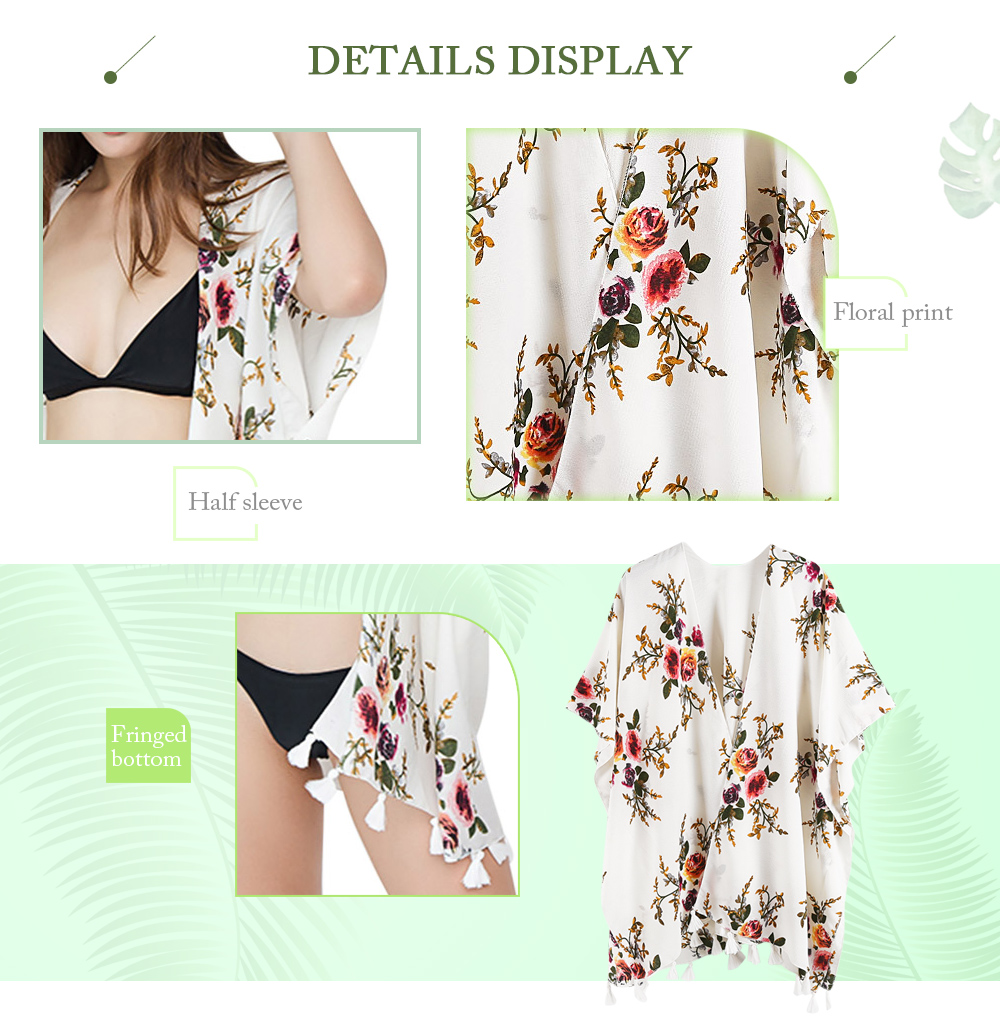 Collarless Floral Print Half Sleeve Fringe Bikini Cover Up Women Beach Cardigan