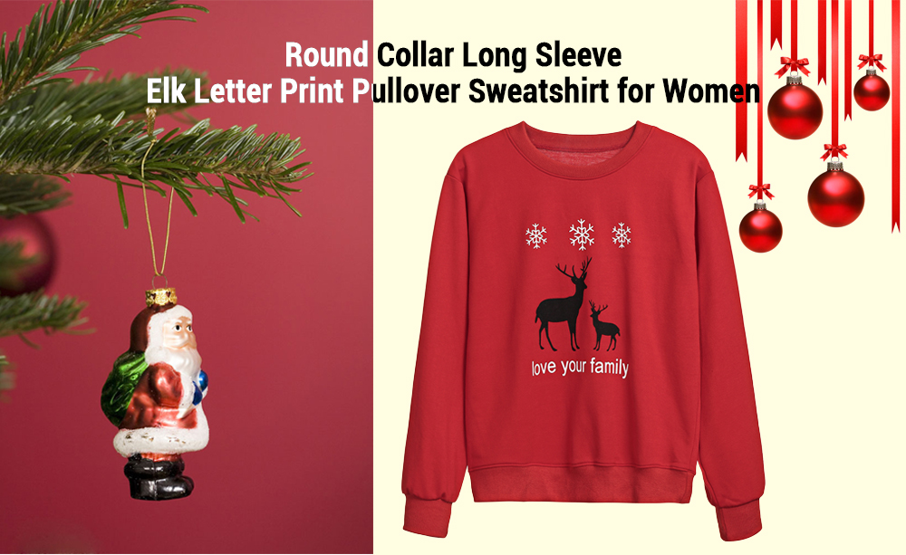 Round Collar Long Sleeve Christmas Elk Letter Print Women Pullover Sweatshirt