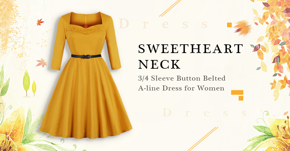 Sweetheart Neck 3/4 Sleeve Button Belted Solid Color A-line Women Dress