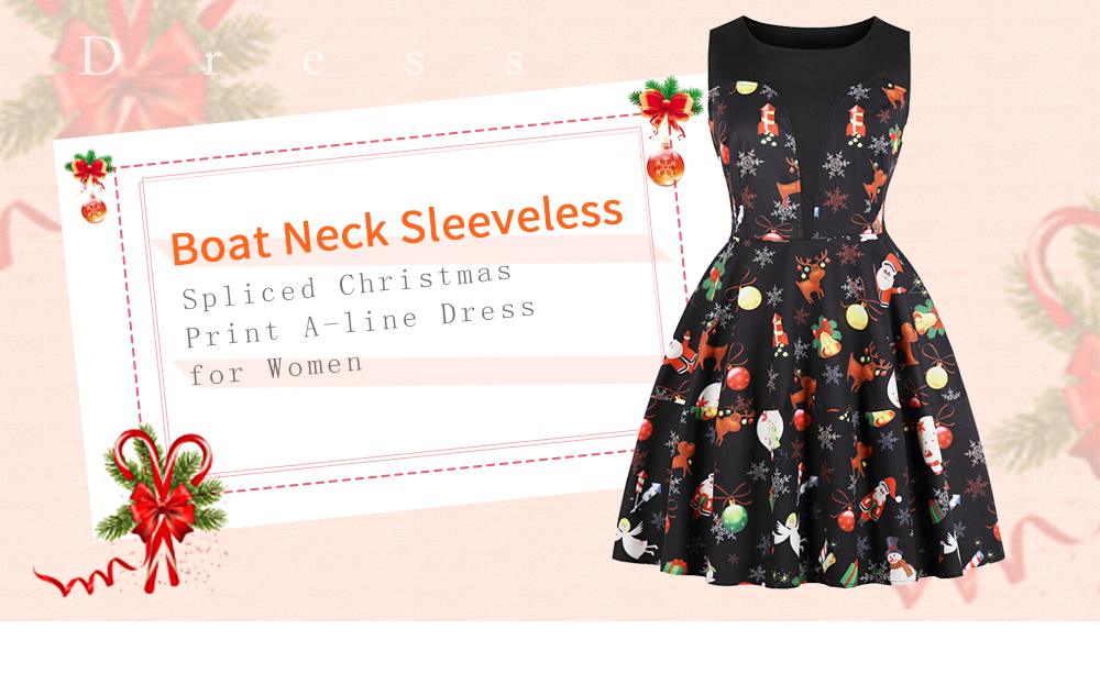 Boat Neck Sleeveless Spliced Christmas Print A-line Women Dress