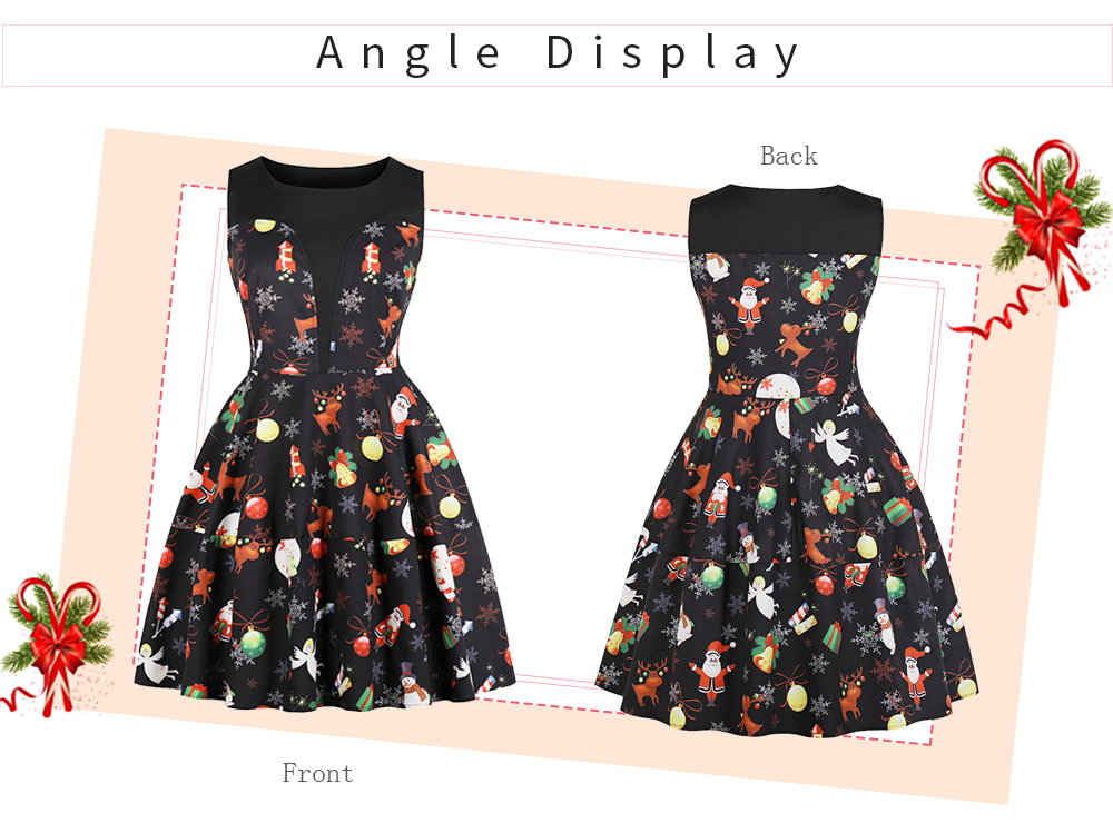 Boat Neck Sleeveless Spliced Christmas Print A-line Women Dress