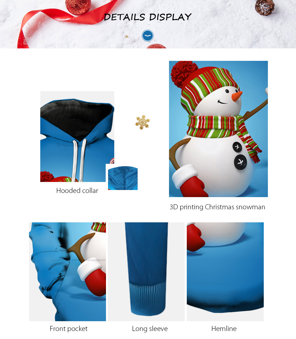 Hooded Collar Christmas Snowman 3D Printing Long Sleeve Men Sweatshirt