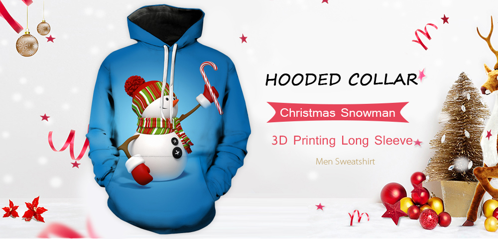 Hooded Collar Christmas Snowman 3D Printing Long Sleeve Men Sweatshirt