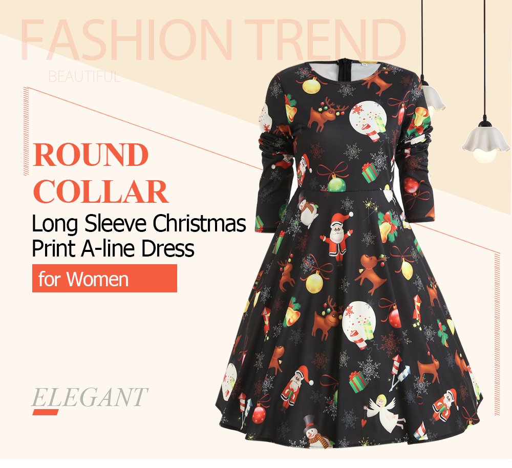 Round Collar Long Sleeve Christmas Elk Santa Claus Print A-line Women Dress