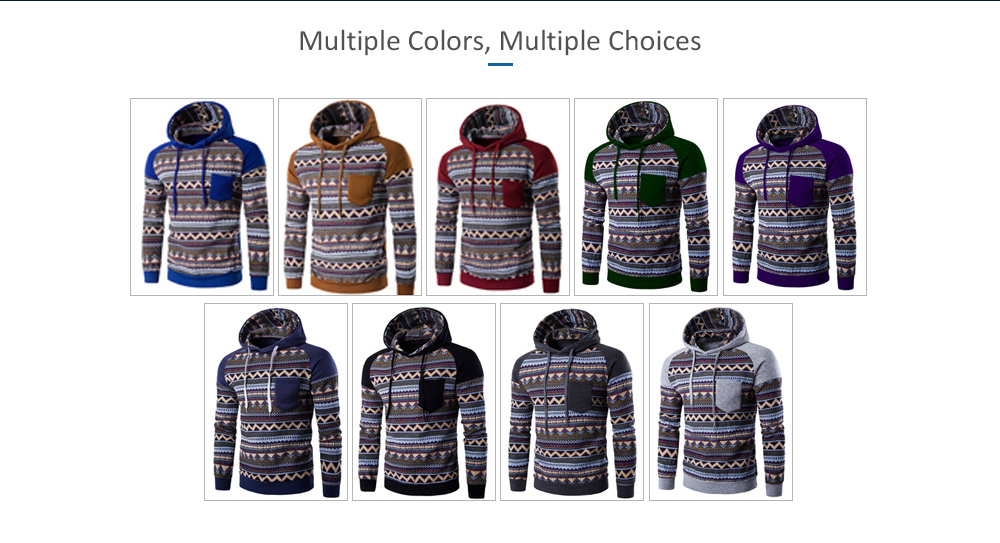 Color Block Tribal Printed Pocket Hooded Raglan Sleeve Hoodie