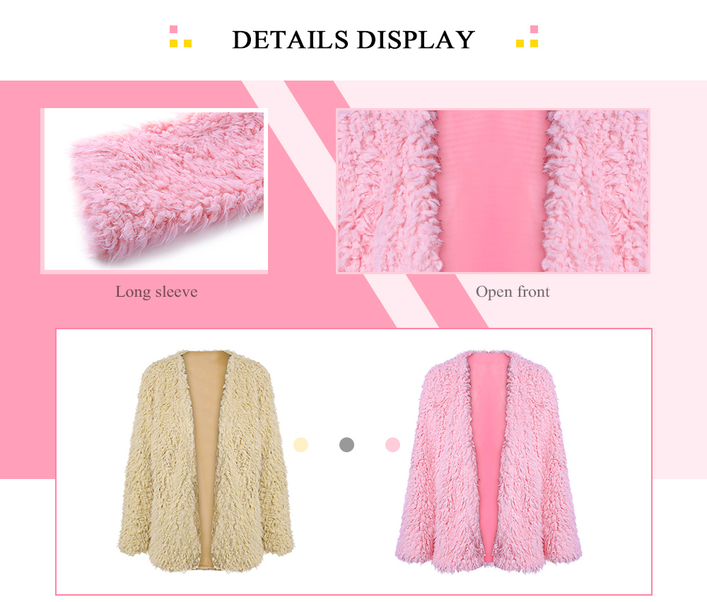 Collarless Long Sleeve Open Front Faux Fur Solid Color Women Coat