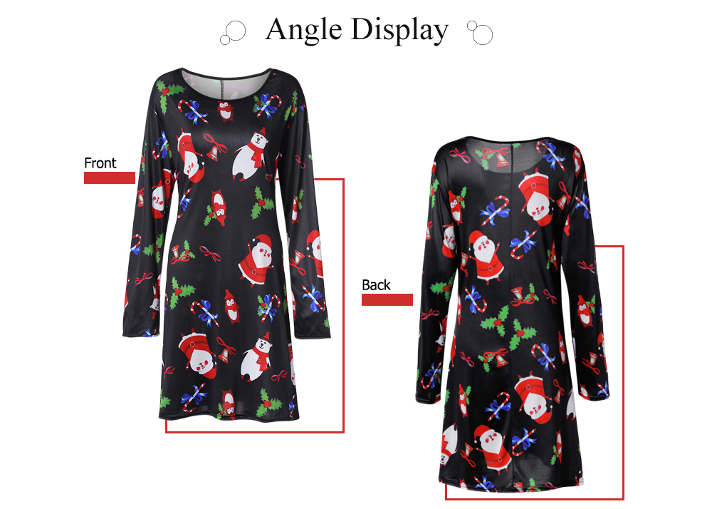 Round Collar Long Sleeve Christmas Santa Claus Print Loose Women Dress