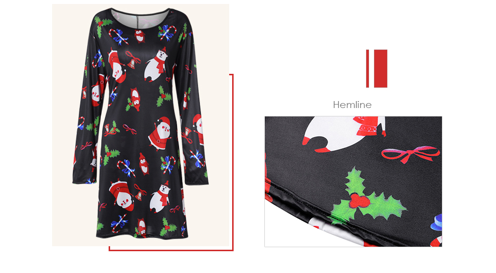 Round Collar Long Sleeve Christmas Santa Claus Print Loose Women Dress