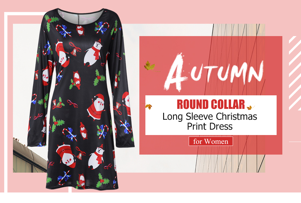 Round Collar Long Sleeve Christmas Santa Claus Print Loose Women Dress