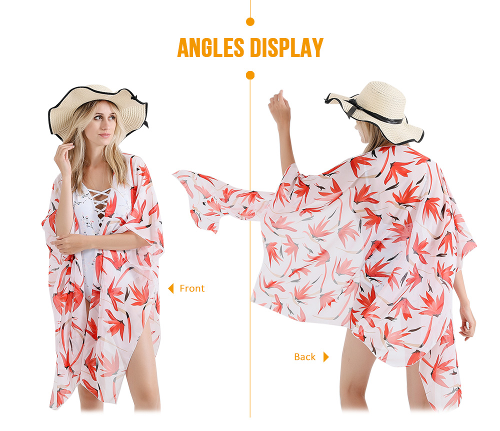 Collarless Half Sleeve Leaf Print Women Asymmetric Beach Cardigan