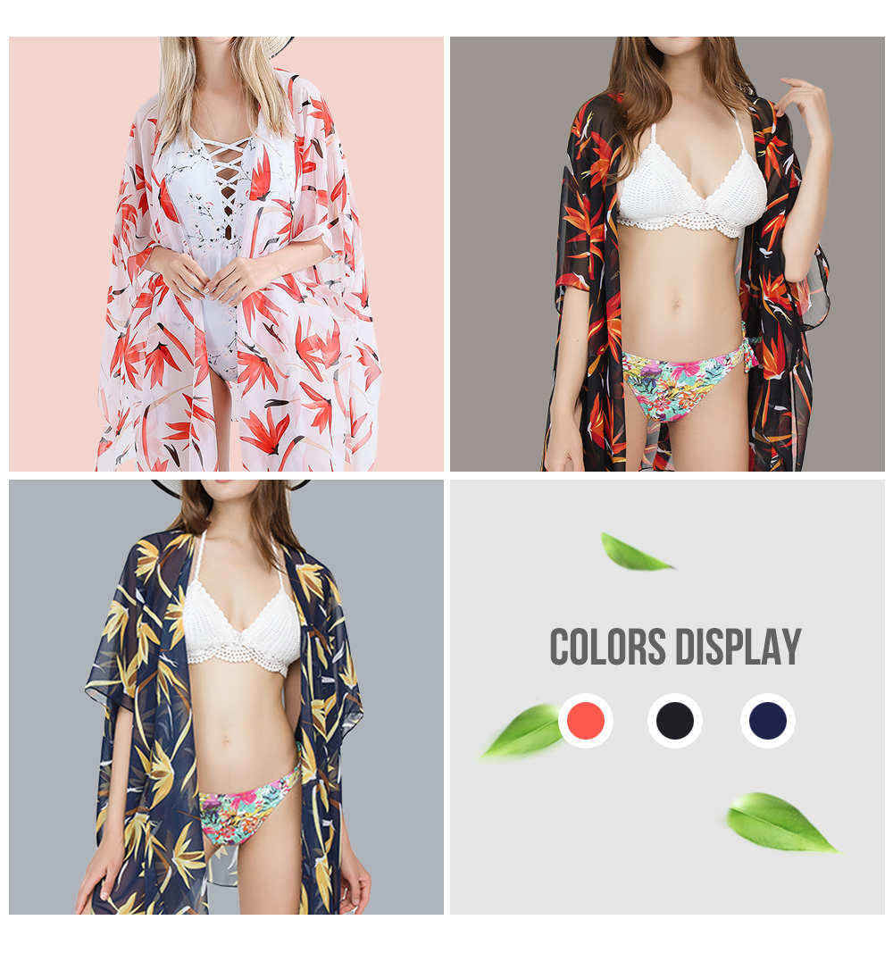 Collarless Half Sleeve Leaf Print Women Asymmetric Beach Cardigan