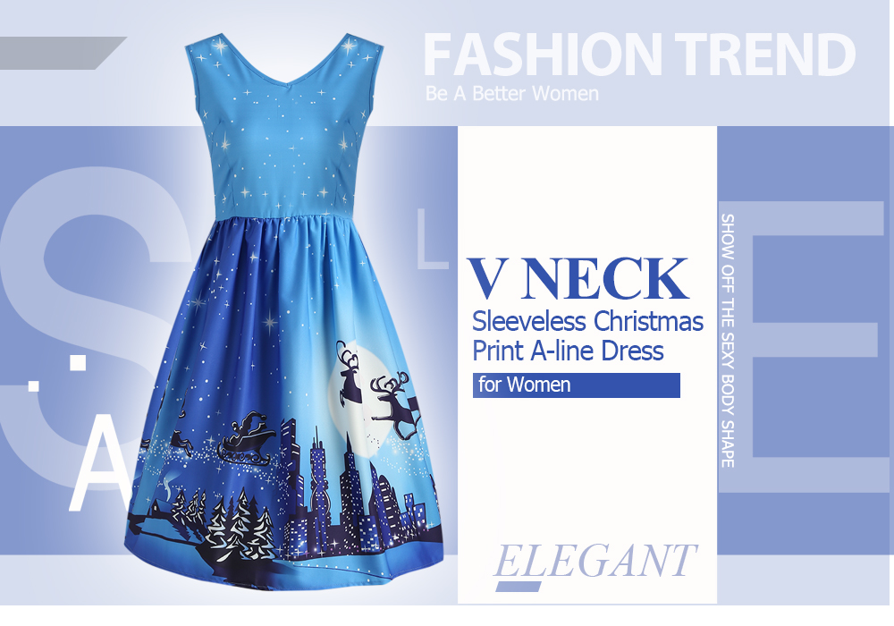 V Neck Sleeveless Christmas Tree Elk Print A-line Women Vintage Dress