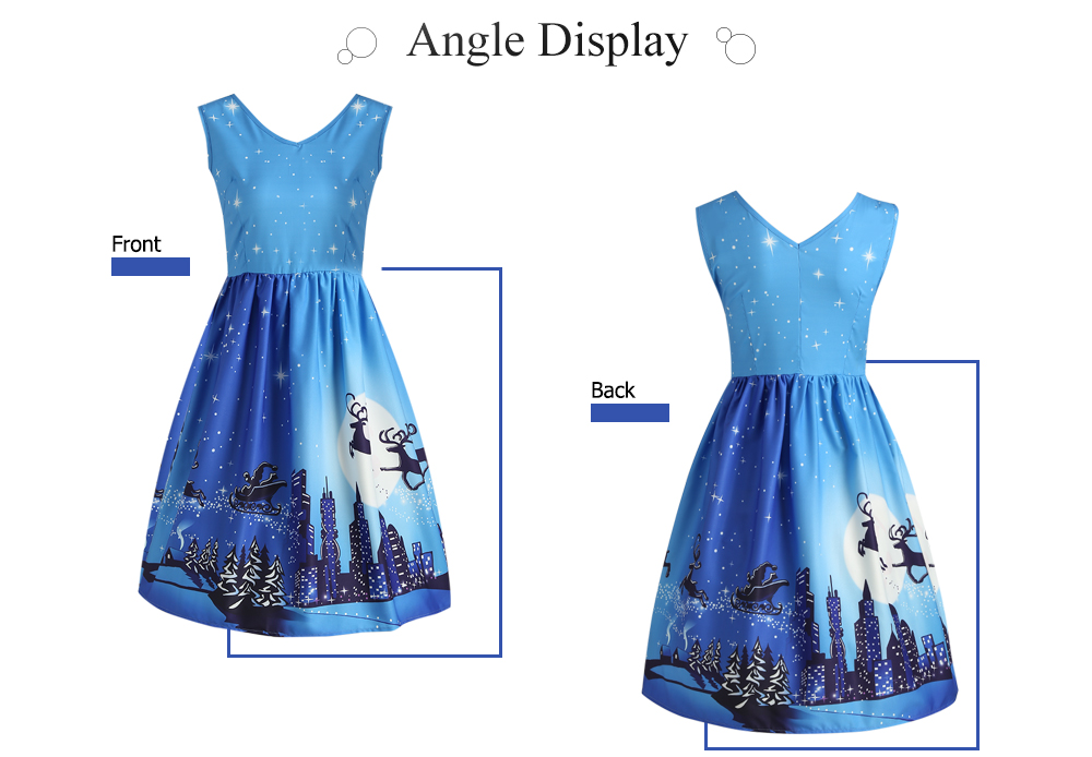 V Neck Sleeveless Christmas Tree Elk Print A-line Women Vintage Dress