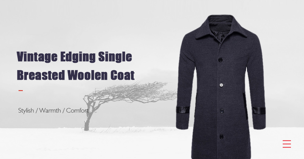 Turndown Collar PU Leather Edging Woolen Coat