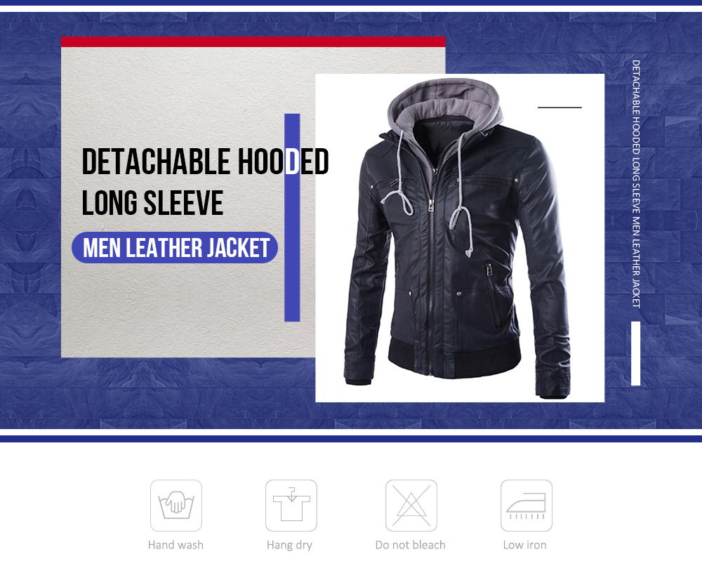 Detachable Hooded Long Sleeve Men Leather Jacket