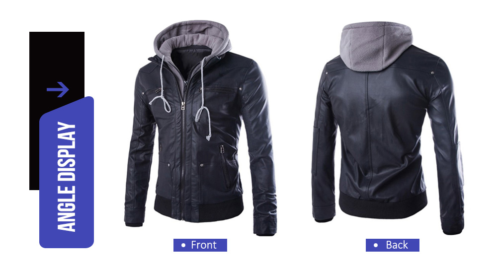 Detachable Hooded Long Sleeve Men Leather Jacket