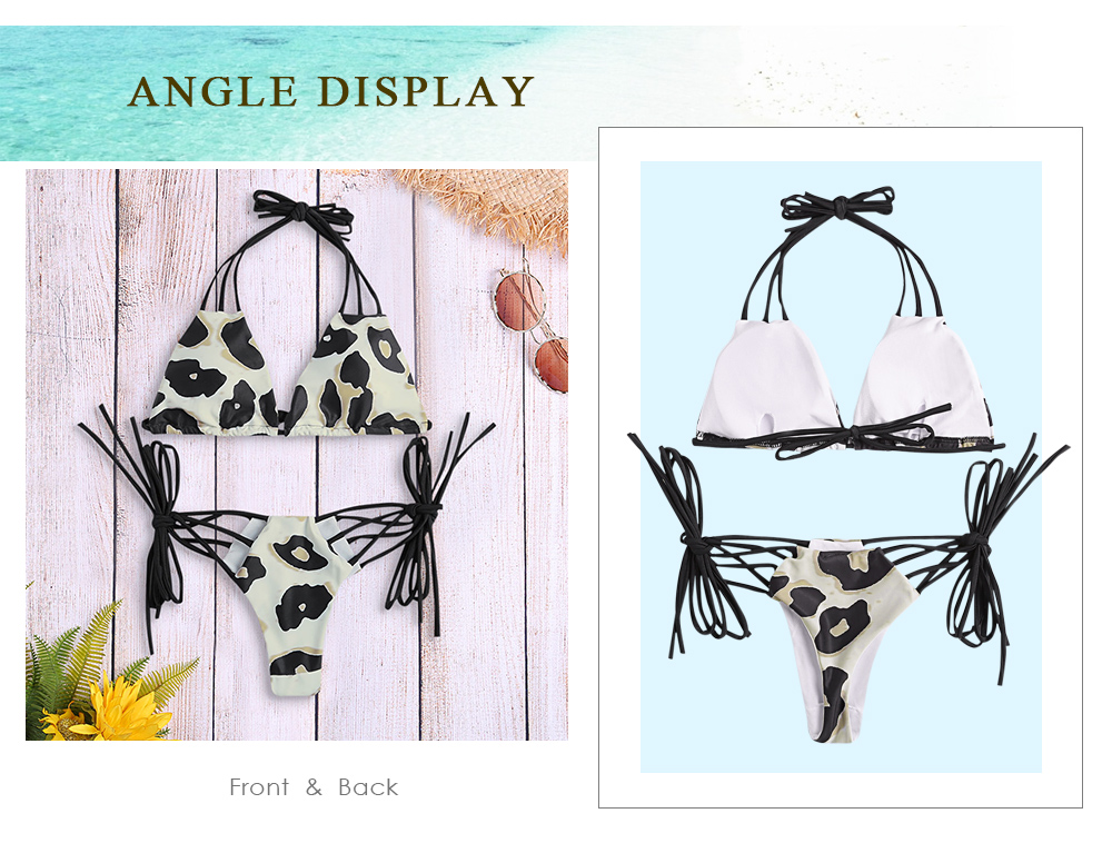 Halter Neck Backless Padded Leopard Print Strappy Low Waist Women Bikini Set