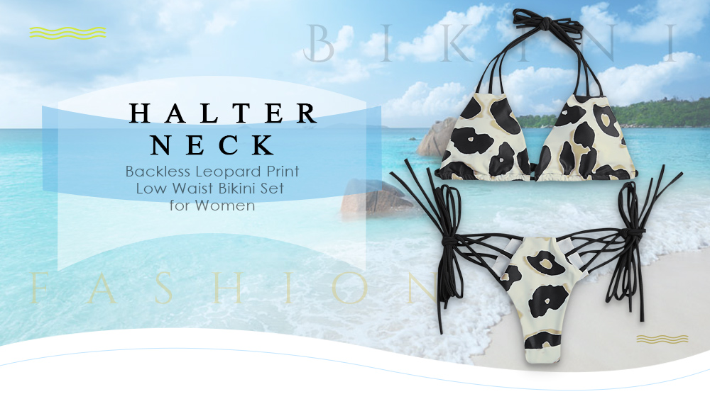 Halter Neck Backless Padded Leopard Print Strappy Low Waist Women Bikini Set