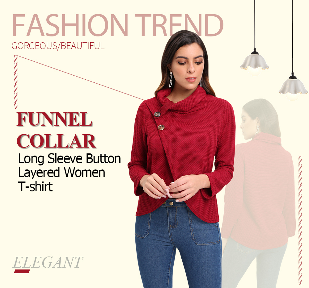 Funnel Collar Long Sleeve Solid Color Button Layered Knit Women T-shirt