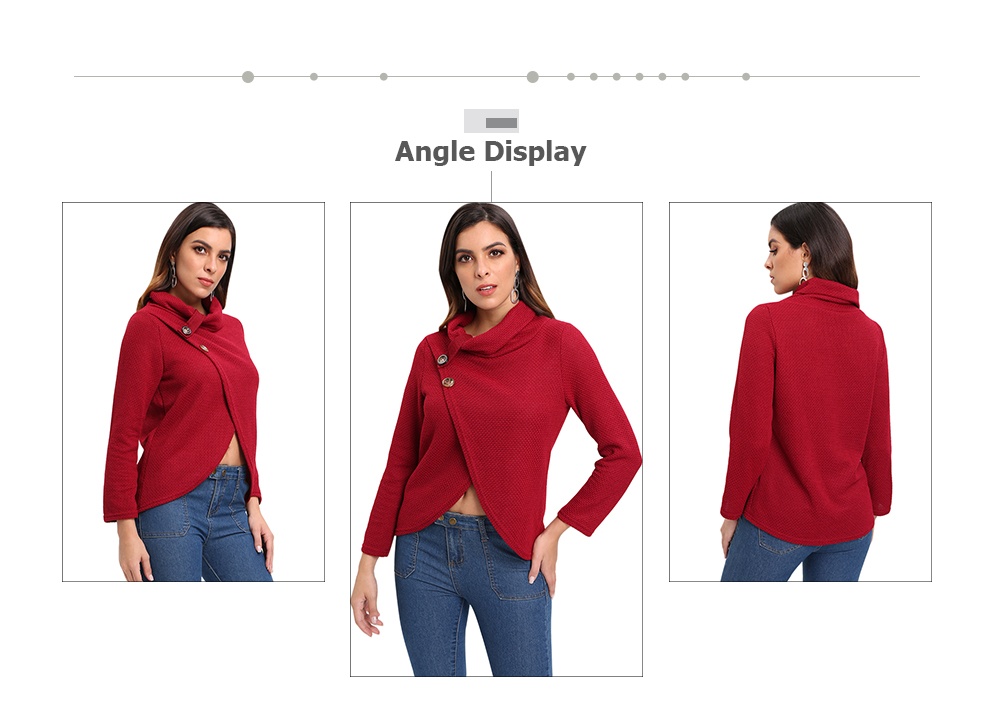 Funnel Collar Long Sleeve Solid Color Button Layered Knit Women T-shirt