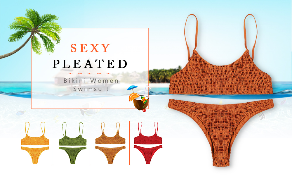 Sexy Pleated Bikini Women Swimsuit Swimwear Set Beachwear Bathing Suit