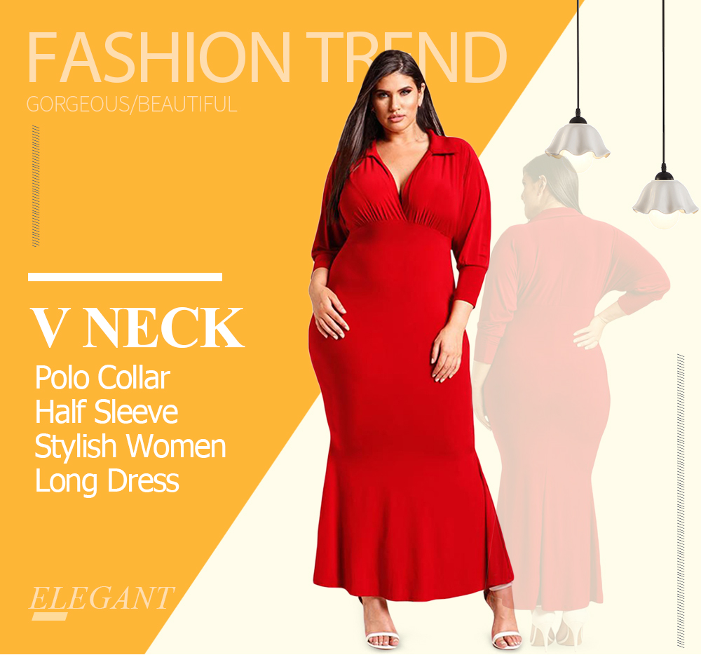 V-neck Collar Half Sleeve Stylish Women Long Dress
