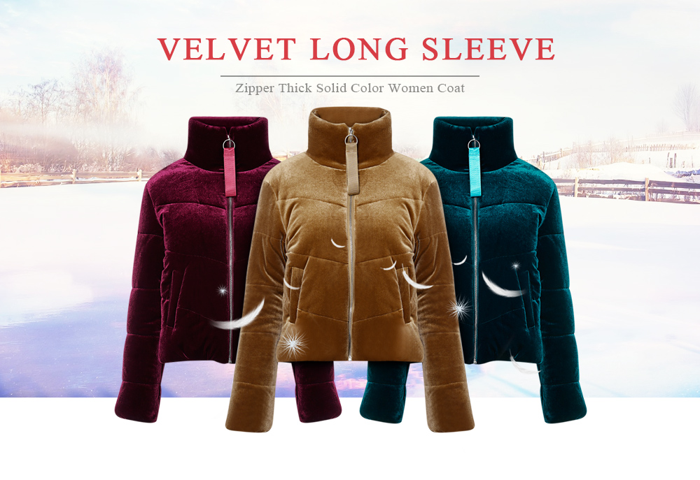 Velvet Long Sleeve Zipper Thick Solid Color Women Coat