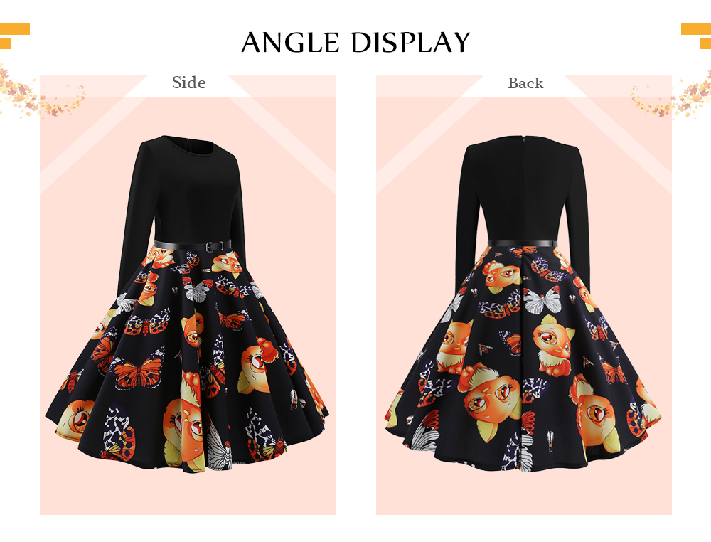 Round Collar Long Sleeve Print Belt A-line Women Dress