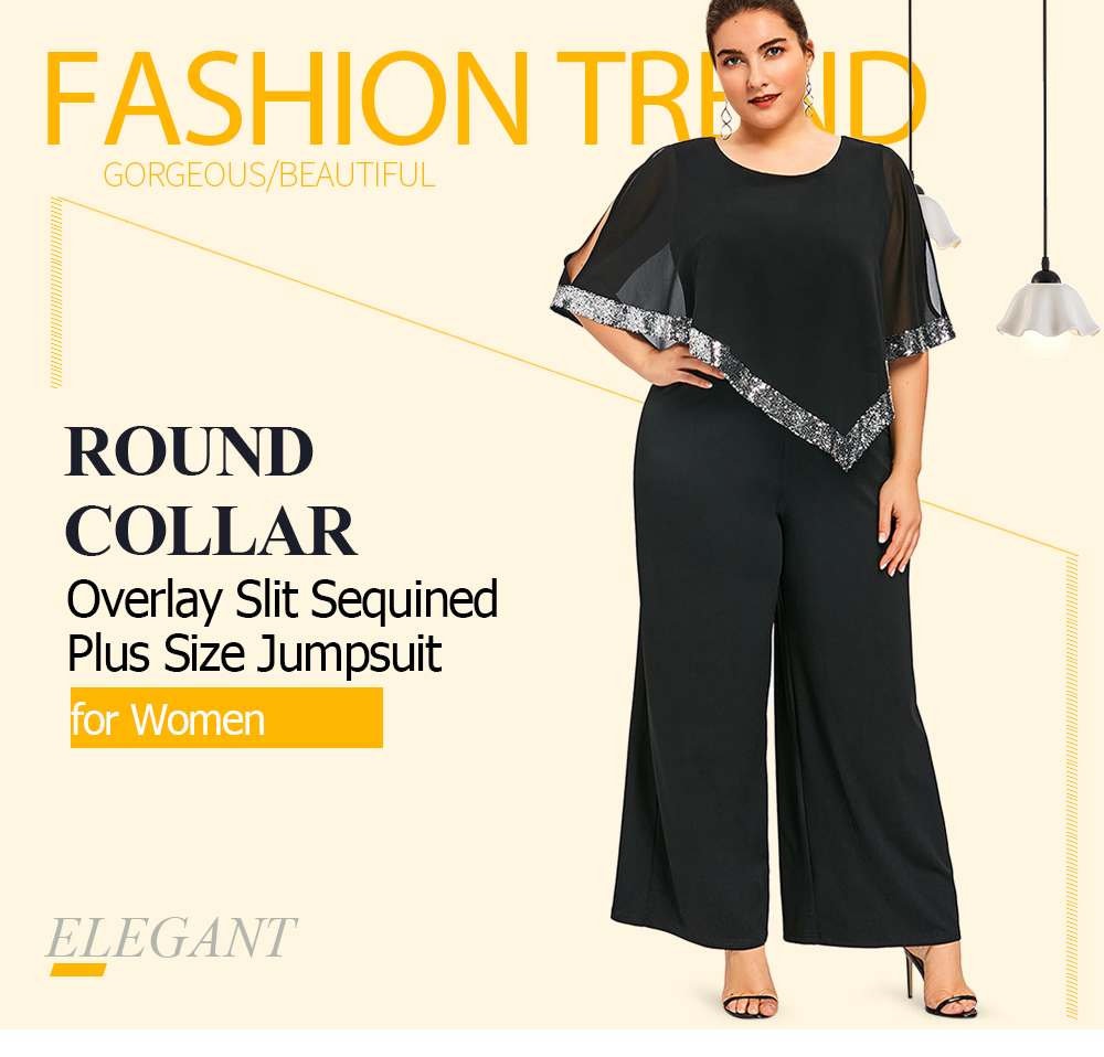 Round Collar Sleeveless Overlay Slit Sequined Wide-leg Plus Size Women Jumpsuit