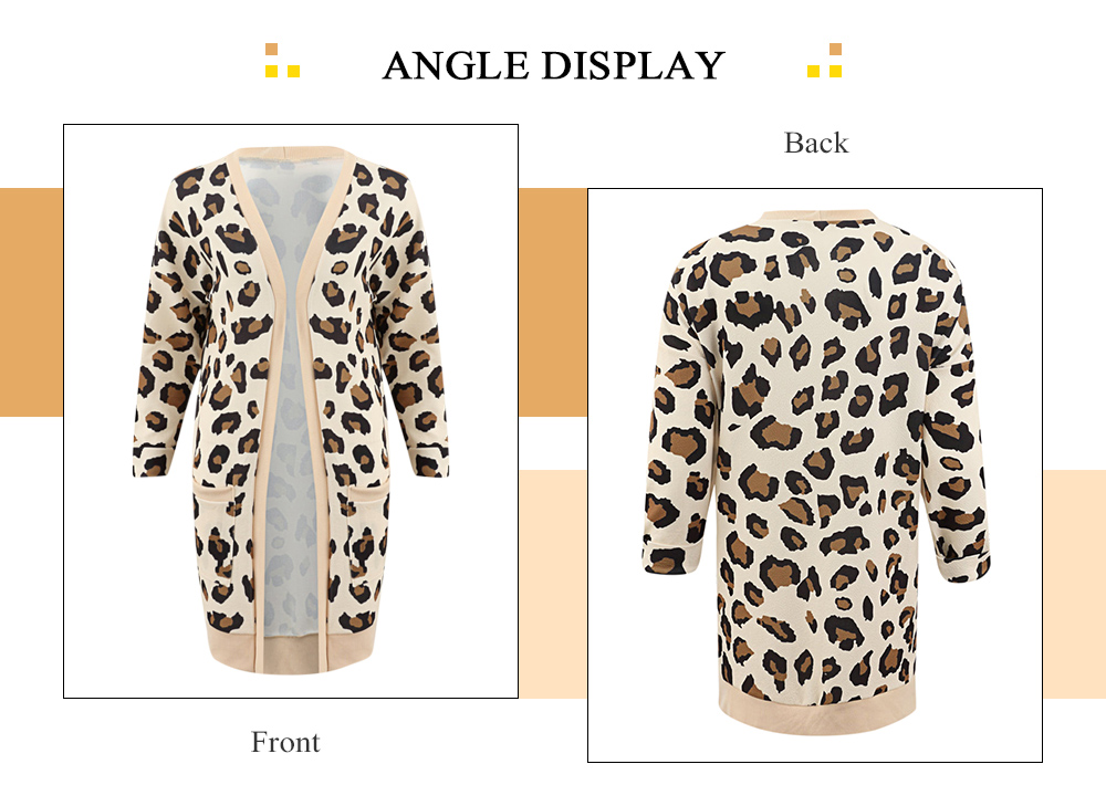 Women Long Sleeves Leopard Print Knitting Sweater Open Front Cardigan