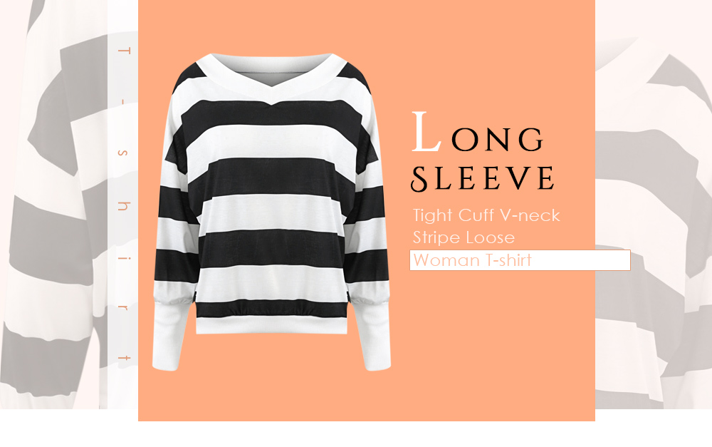 Long Sleeve Wide Armhole Tight Cuff V-neck Stripe Loose Woman T-shirt